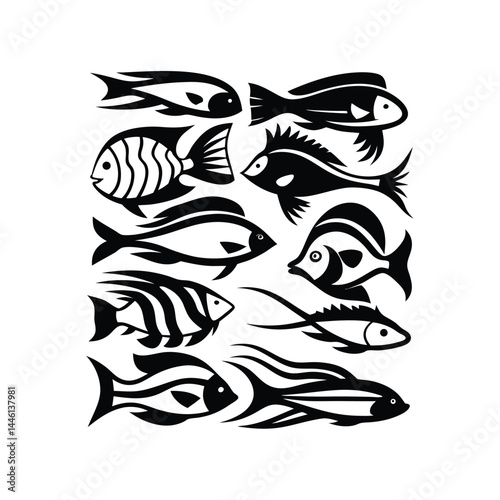 Black Silhouette Variety Collection of Stylized Fish Illustrations on White Backdrop