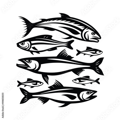 Black Silhouettes Collection of Fish, Marine Animals Stacked on an Isolated White Background