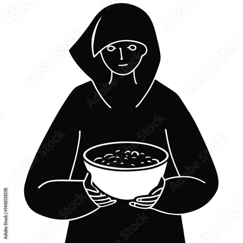 Silhouette of a Person in a Hooded Robe Holding a Bowl of Food