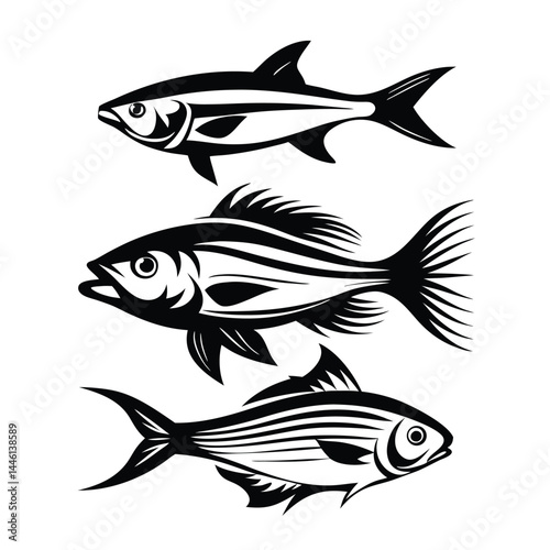 Stylish Silhouette of Three Fish Swimming Upwards in a Stacked Black and White Design
