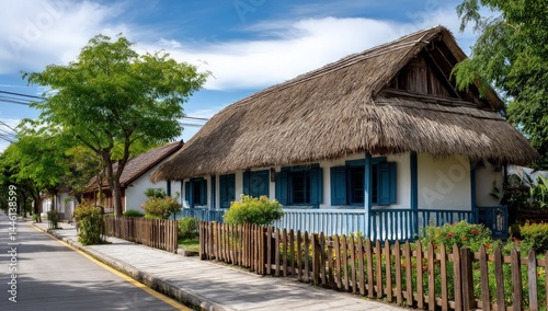 Country house with straw roof in village, colorful facade. Ideal for travel