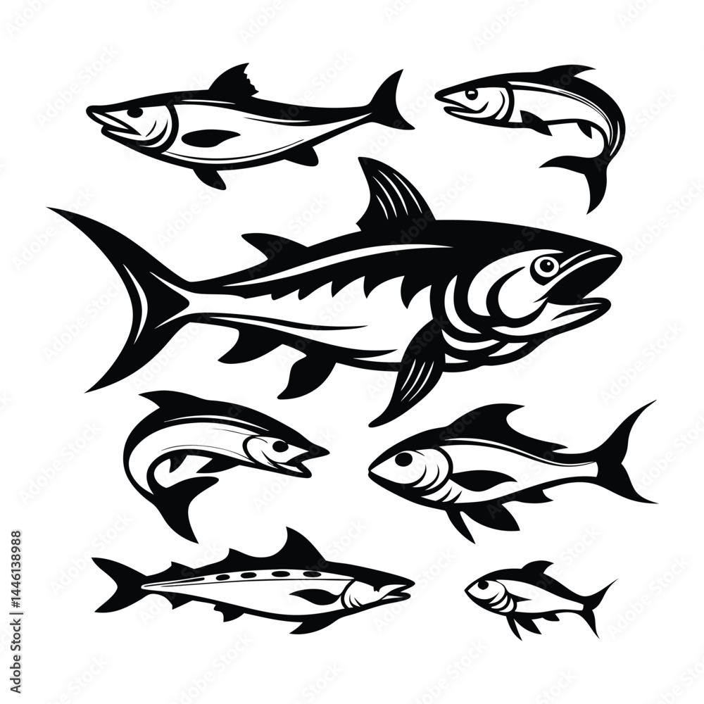 Fototapeta premium Collection of Black and White Fish Silhouettes, Diverse Swimming Sea Creature Shapes