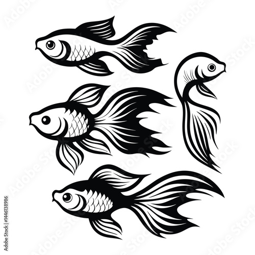Five Black and White Ornamental Fish Silhouettes Swimming in Various Positions Isolated