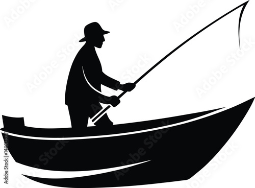 silhouette of a man fishing from a boat on white 
