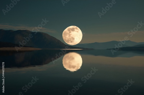 Large full moon casting a shimmering reflection on the surface of a tranquil lake, surrounded by majestic mountains under a starry night sky