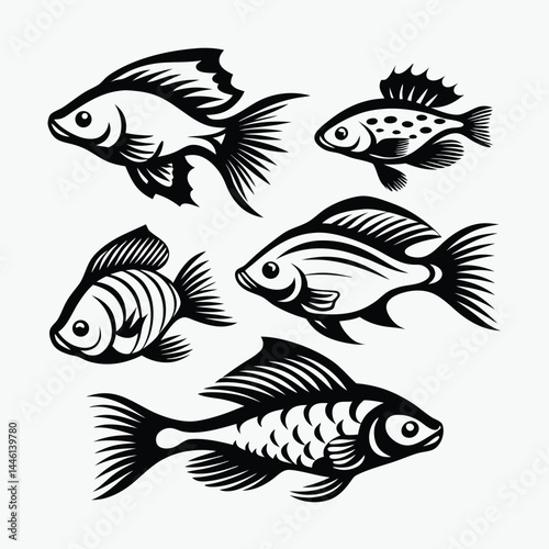 Fish Icon Set Silhouette, Ornamental Scales and Fins, Freshwater Species, Marine Life, Black