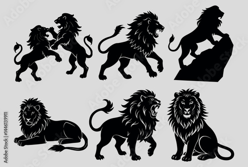 vector silhouettes of lion set on white background bundle of 6 lion