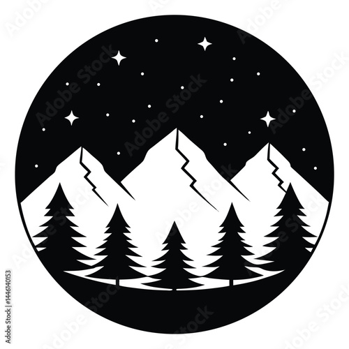 Night Mountain Landscape Illustration Starry Sky, Majestic Peaks, and Evergreen Trees