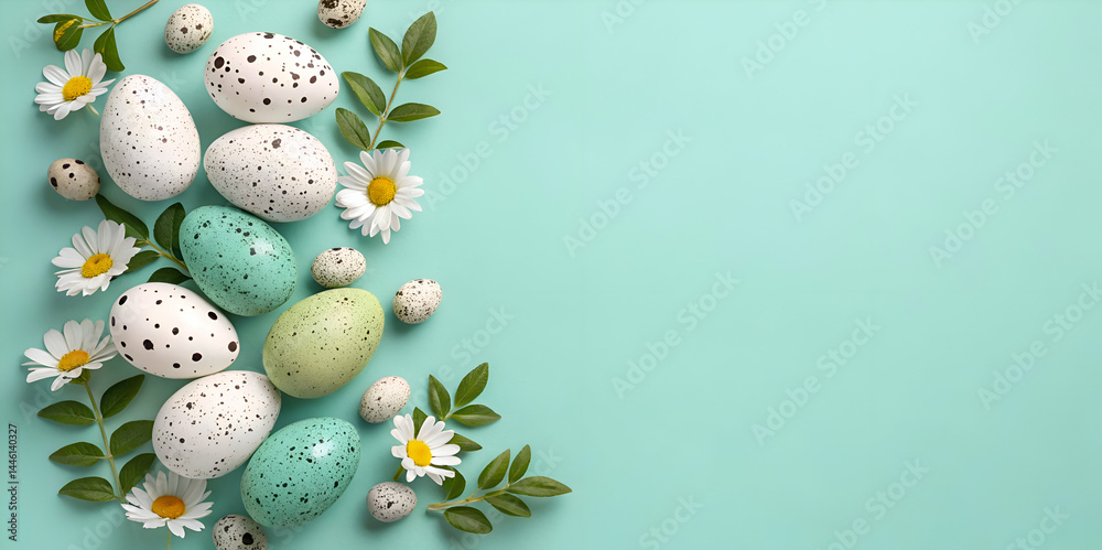 Easter eggs and flowers on mint background Easter eggs and flowers on mint background