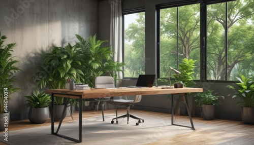 Sleek wooden desk amidst vibrant greenery in a modern office setting  bright  professional  focus