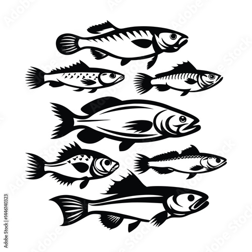 Group of Fish Silhouettes Swimming in Water, Nautical Marine Wildlife Black and White