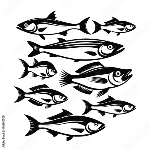 Silhouette Fish Collection Black and White Aquatic Animals Grouped on Isolated Background