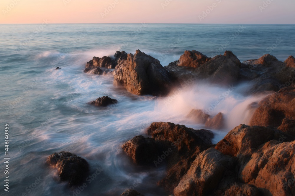 Long exposure photograph of waves crashing on rocks at sunset, creating a misty, ethereal effect Long exposure photograph of waves crashing on rocks at sunset, creating a misty, ethereal effect
