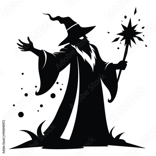 Black Silhouette of Wizard with Pointed Hat and Staff Casting Spell on White Background