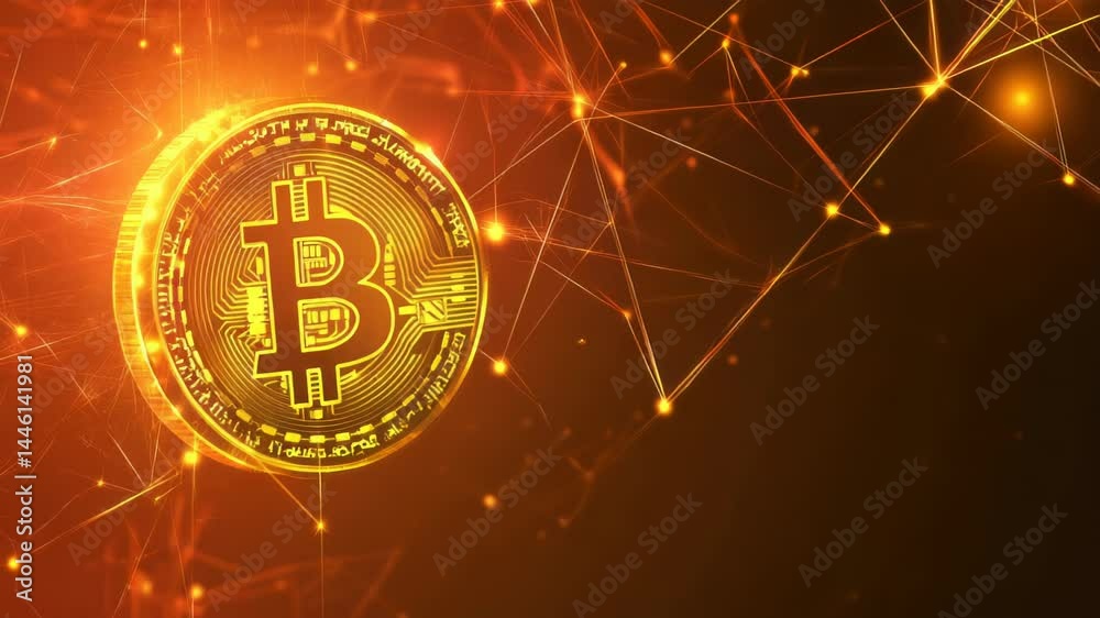 Glowing golden bitcoin cryptocurrency illustration with network design