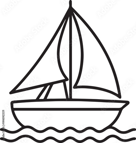 sailboat on sea line art, black outline, vector and illustration, coloring book page line art drawing
