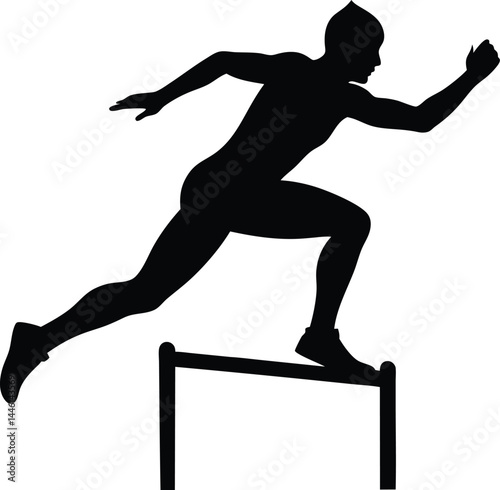 silhouette of a man jumping over hurdle on white 