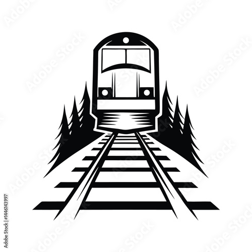 Train on Railroad Tracks, Silhouetted Among Conifer Trees, Forward View, Black and White