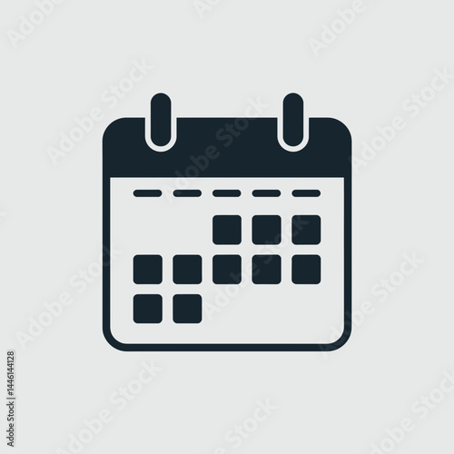 A minimalist icon of a calendar features a simple, bold design with a grid of squares representing days