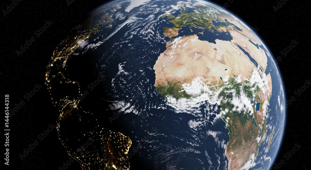 Fototapeta premium 3D Earth Globe Night Lights Atmosphere - Stunning 3D of Earth, showcasing continents, oceans, and atmospheric details. Symbolises global connectivity, environmental awareness