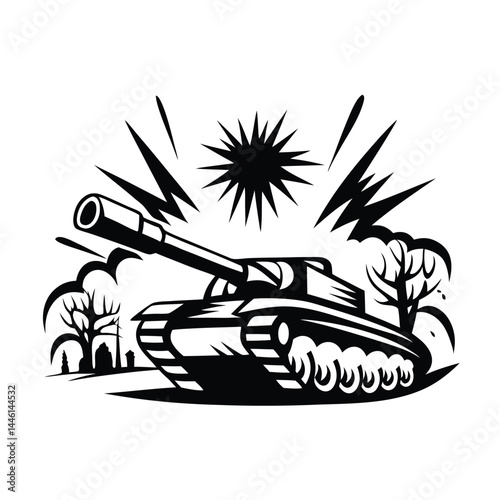 Monochromatic Tank with Explosions, Trees, and Building Silhouette