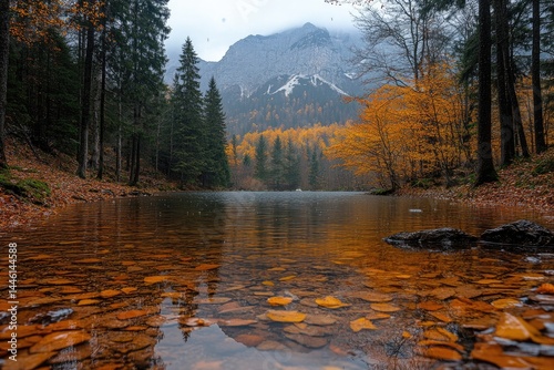 A peaceful mountain lake surrounded by autumn colored trees