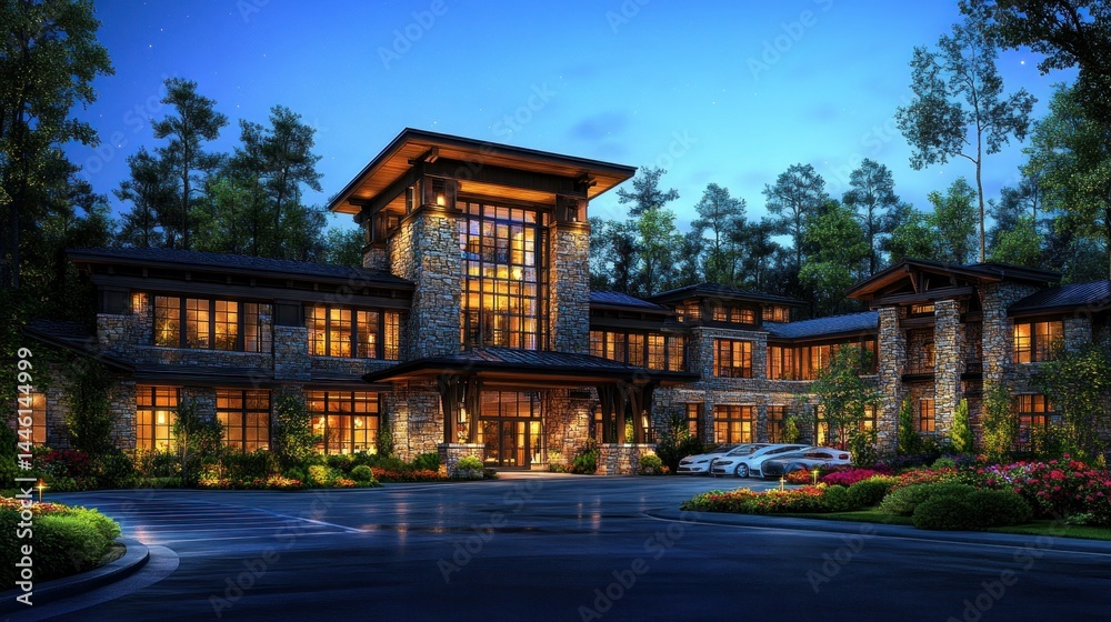Fototapeta premium Grand stone building illuminated at night, surrounded by trees