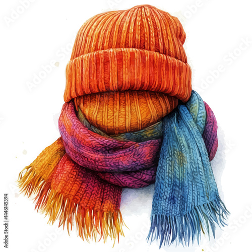 Travel Hat And Scarf, watercolor vector, isolated on a white background.