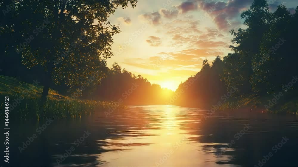 Sunset over river through trees Sunset over river through trees