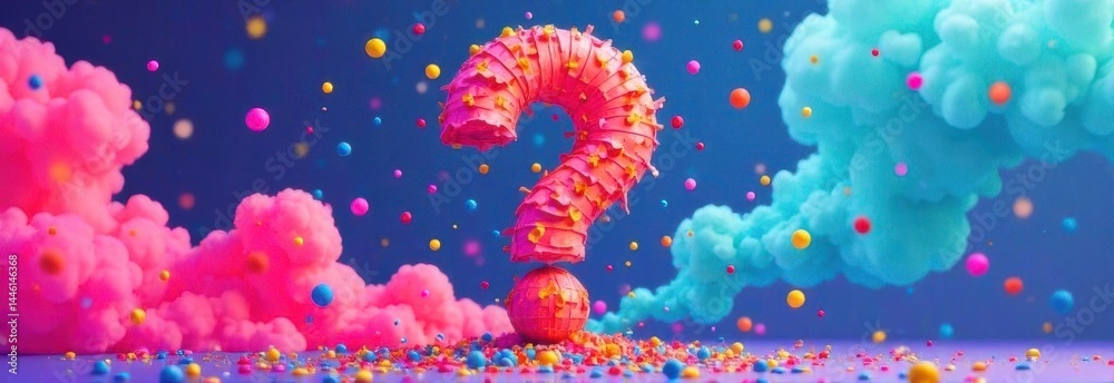 Creative vibrant question mark sculpture surrounded by colorful clouds and playful particles in a whimsical celebration atmosphere Creative vibrant question mark sculpture surrounded by colorful clouds and playful particles in a whimsical celebration atmosphere