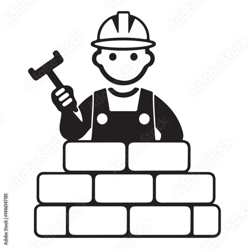 Construction Worker Icon Vector – Bricklayer with Hard Hat and Wall Silhouette. construction, worker, bricklayer, builder, icon, vector, masonry, wall