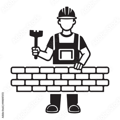 Construction Worker Icon Vector – Bricklayer with Hard Hat and Wall Silhouette. construction, worker, bricklayer, builder, icon, vector, masonry, wall