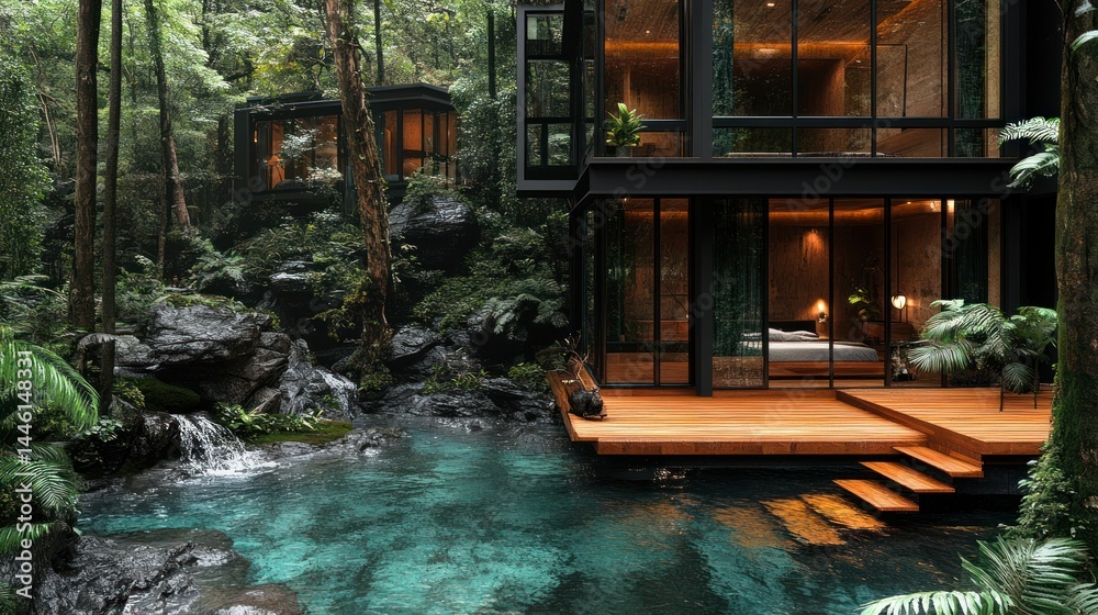 Obraz premium Modern glass house nestled in lush forest by tranquil stream