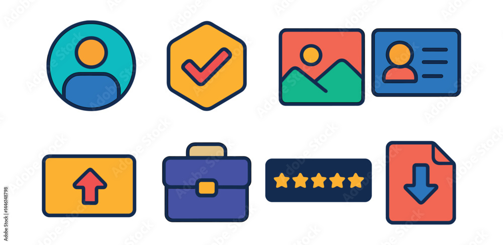 Flat vector icons of freelance portfolio and profile: profile picture icon, skills badge, uploaded work icon, testimonial card, experience level tag, service category icon, star rating bar,