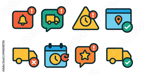 Flat vector icons of delivery notifications and alerts: push notification icon, SMS update icon, delivery ETA alert, address confirmation popup, missed delivery notice, delivery reschedule alert,