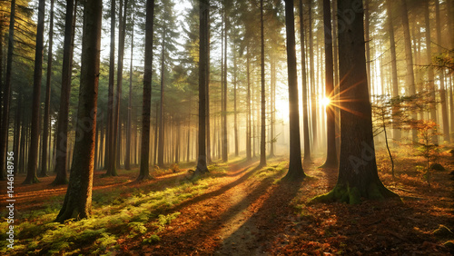 Forest sunrise, golden light rays, tall pine trees, misty atmosphere, shadows on forest floor, dappled sunlight, woodland path, mossy ground, ethereal glow, autumn colors, serene landscape,