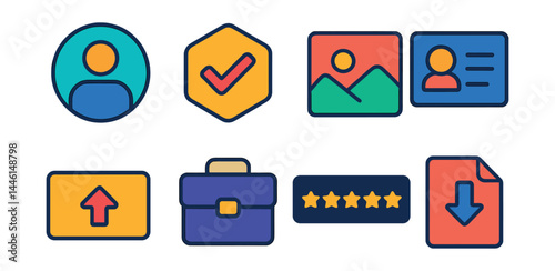 Obraz na płótnie Flat vector icons of freelance portfolio and profile: profile picture icon, skills badge, uploaded work icon, testimonial card, experience level tag, service category icon, star rating bar, w salonie