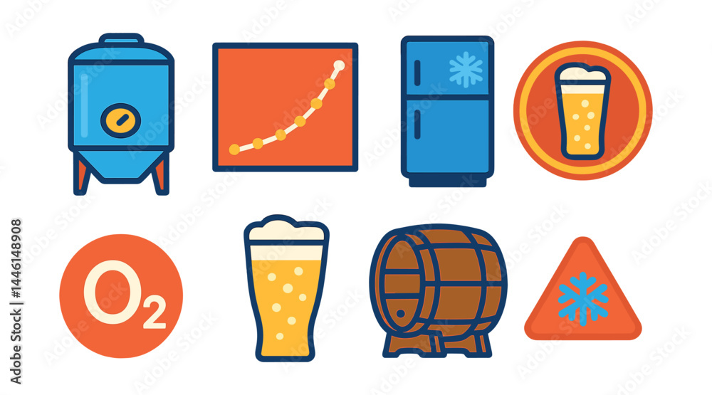 Flat vector icons of conditioning and aging: beer conditioning tank, carbonation chart icon, cold crash fridge, lagering process badge, oxygen control symbol, post-fermentation clarity icon, storage