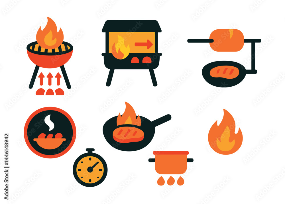 Flat vector icons of BBQ cooking methods: direct heat icon, indirect heat symbol, smoking method badge, rotisserie spit, reverse sear process, slow cook timer, flame grilling, hot & fast method.
