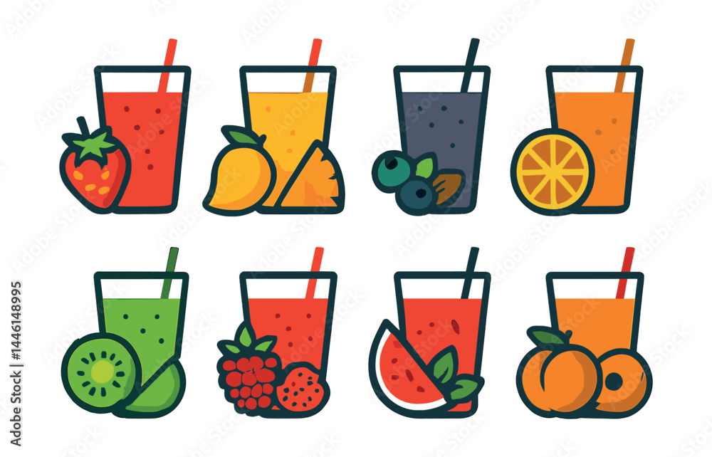 Flat vector icons of fruit smoothies: strawberry banana smoothie, mango pineapple blend, blueberry almond shake, tropical citrus smoothie, kiwi melon mix, raspberry chia blend, watermelon mint icon,