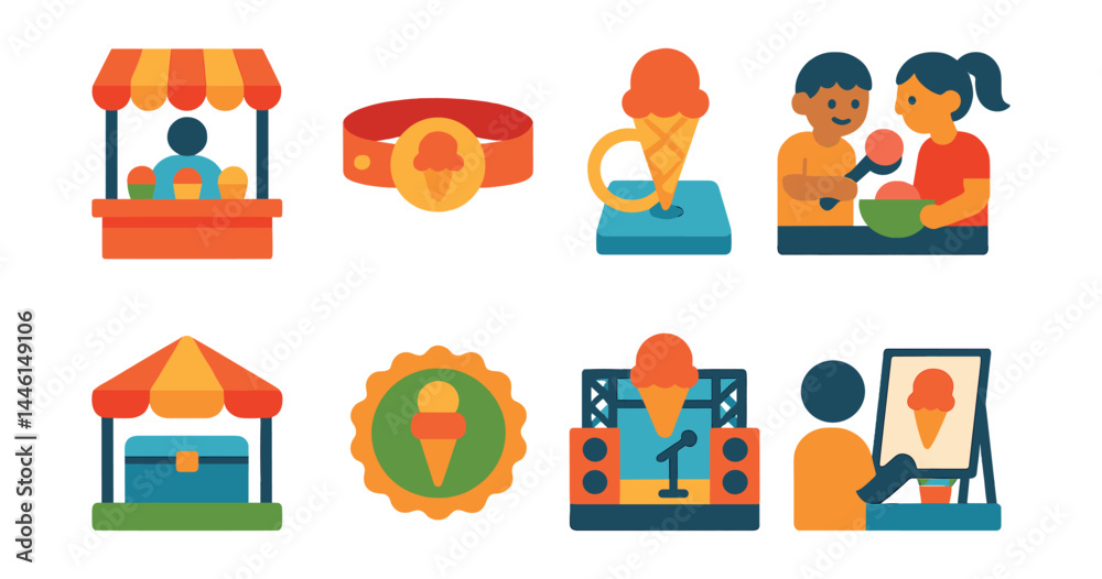 Flat vector icons of ice cream festivals: flavor tasting booth, event wristband with scoop, cone-themed game, kids’ scoop contest, vendor tent with cooler, summer ice fest badge, ice cream music