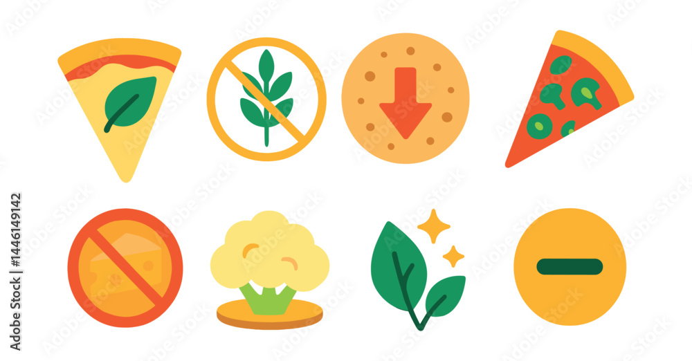 Flat vector icons of vegan and dietary pizza: vegan cheese pizza, gluten-free base icon, low-carb crust, veggie-only pizza, dairy-free toppings, cauliflower crust, clean ingredients symbol,