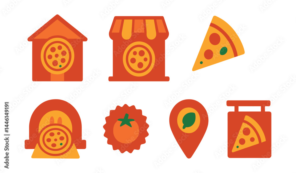 Flat vector icons of local pizzerias: neighborhood pizza house, family-run shop icon, small-batch slice, handmade dough symbol, oven-to-table concept, fresh daily badge, local ingredients map,