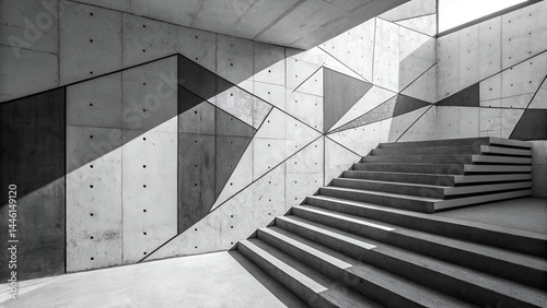 Modern brutalist architecture, concrete staircase, geometric patterns, angular shadows, minimalist design, monochromatic, high contrast, industrial aesthetic, abstract composition, triangular shapes, 