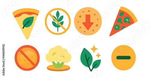 Obraz na płótnie Flat vector icons of vegan and dietary pizza: vegan cheese pizza, gluten-free base icon, low-carb crust, veggie-only pizza, dairy-free toppings, cauliflower crust, clean ingredients symbol, w salonie