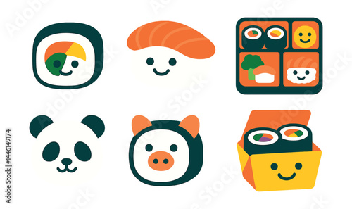 Obraz na płótnie Flat vector icons of sushi for kids and fun: cartoon sushi roll, smiling nigiri face, sushi character on plate, child bento with sushi, sushi rice panda shape, animal-shaped roll, colorful veggie w salonie