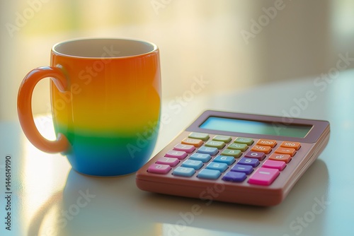 A pride-colored mug with rainbow gradient and a pastel calculator on a white surface, illuminated by natural light in a minimalistic setting