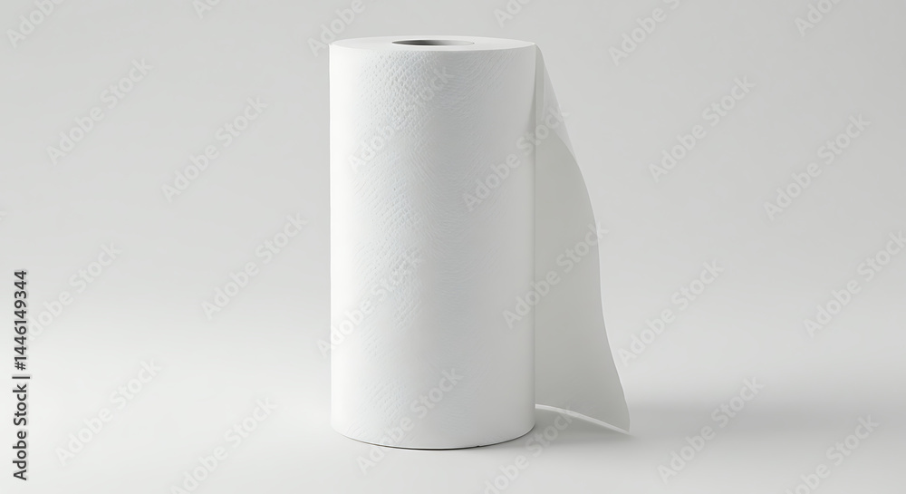 A single, upright roll of white paper towels isolated on a clean, light grey or white background A single, upright roll of white paper towels isolated on a clean, light grey or white background