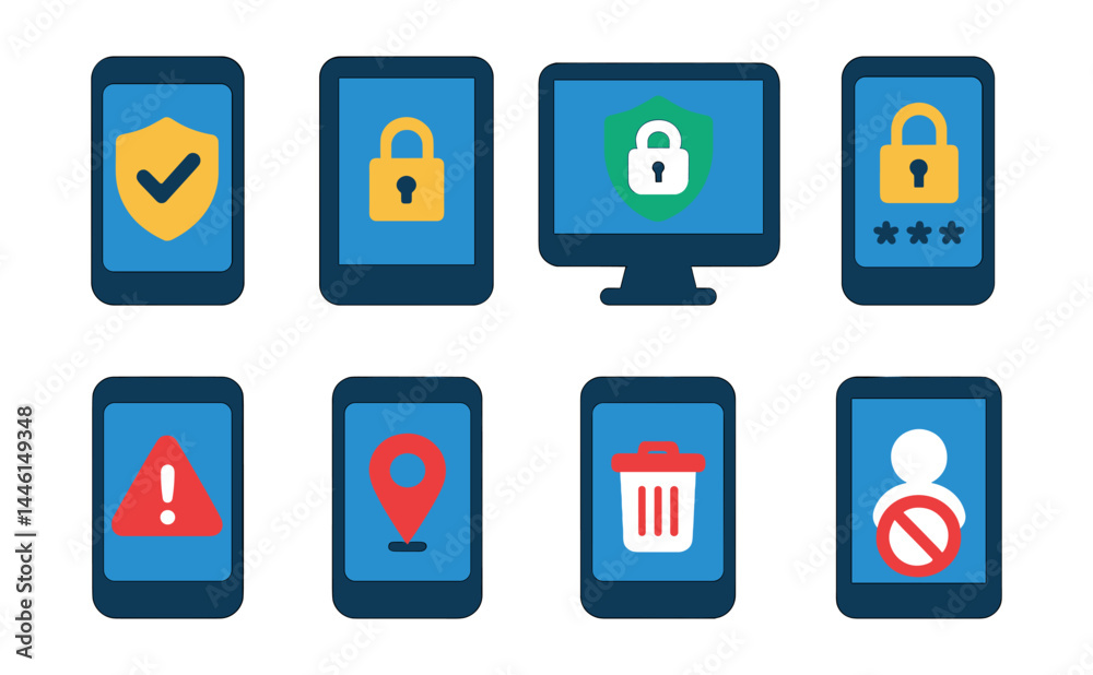 Flat vector icons of device protection features: protected smartphone, tablet security icon, secure desktop badge, screen lock icon, mobile threat alert, lost device tracker, device wipe icon,