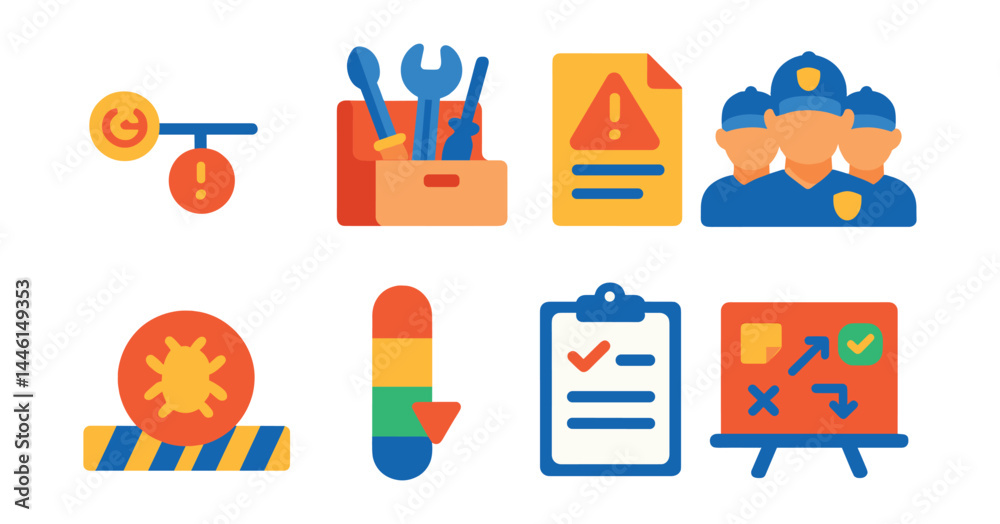 Flat vector icons of cyber incident management: breach timeline icon, forensics toolkit, impact report file, incident response team icon, threat isolation barrier, incident severity scale,